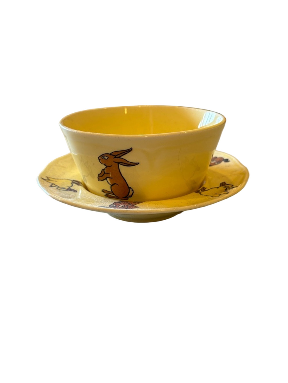 Vintage Baby Dish Set Yellow Animal Bowl & Plate Nursery Rhyme Ceramic